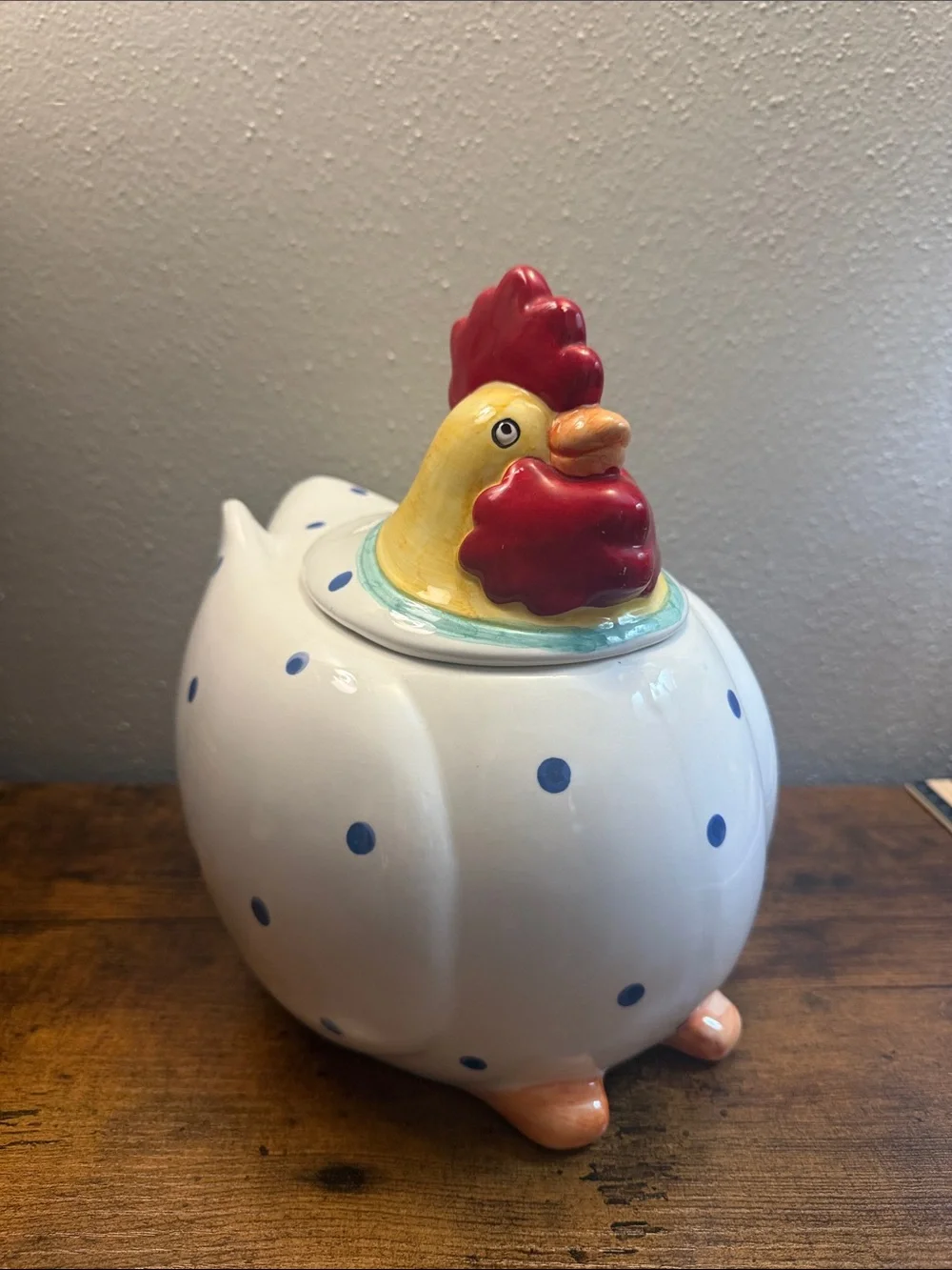 Coco Dowley Ceramic Chicken Cookie Jar Canister Blue Polka dots Kitchen Storage